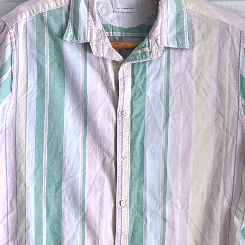 Denim & Flower Button Down Shirt XL Mens Striped Short Sleeve Pastel Summer